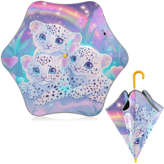 BZSMCE Folding Umbrellas Rain & UV Protection Windproof In Leopard Trio under The Rainbow Pattern