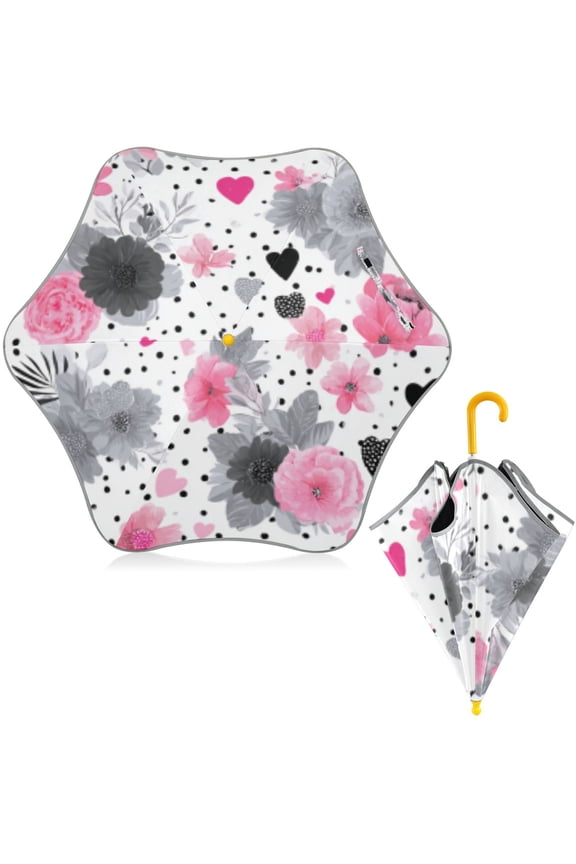BZSMCE Folding Umbrellas Rain & UV Protection Windproof In Monochrome Floral Heart Pop Pattern