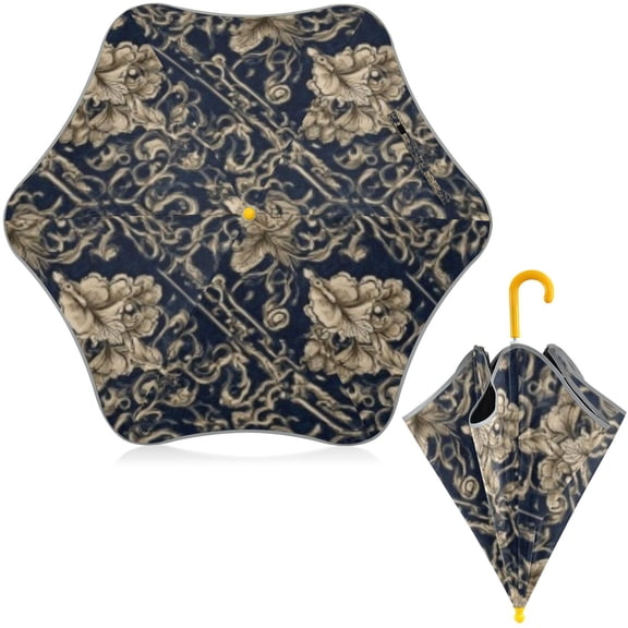 BZSMCE Folding Umbrellas Rain & UV Protection Windproof In Navy Gold Damask Pattern