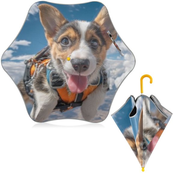 BZSMCE Folding Umbrellas Rain & UV Protection Windproof In Orange Harness Corgi Pattern