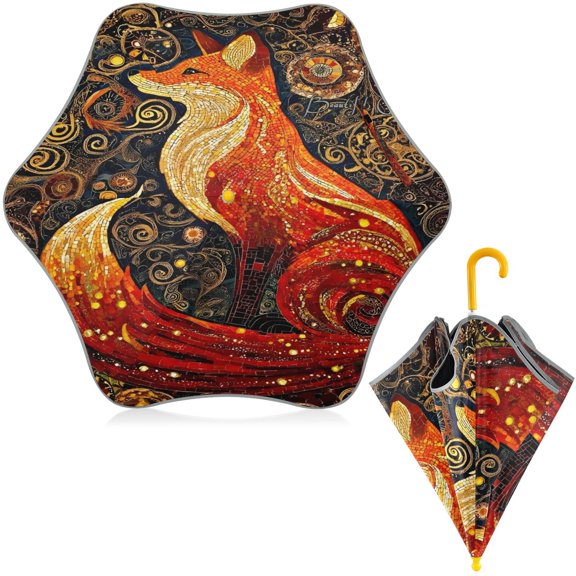 BZSMCE Folding Umbrellas Rain & UV Protection Windproof In Ornate Red Fox Pattern