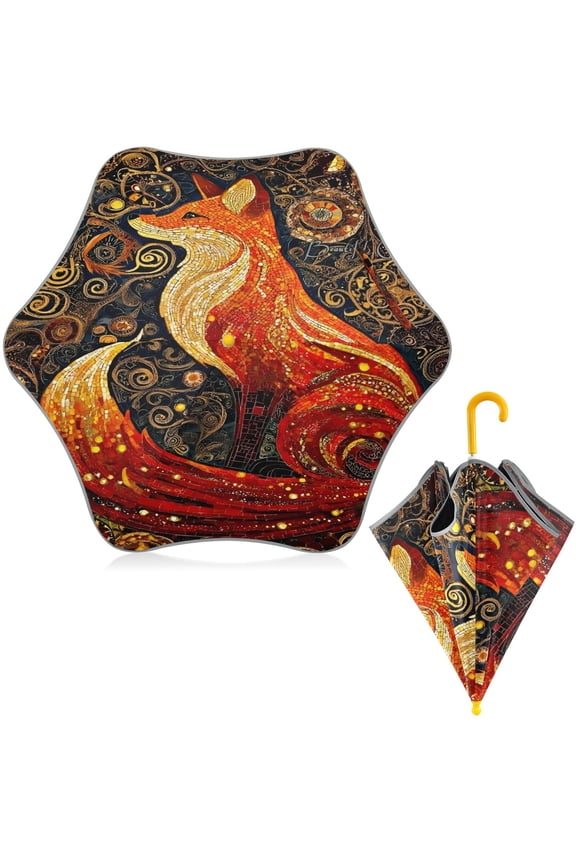 BZSMCE Folding Umbrellas Rain & UV Protection Windproof In Ornate Red Fox Pattern