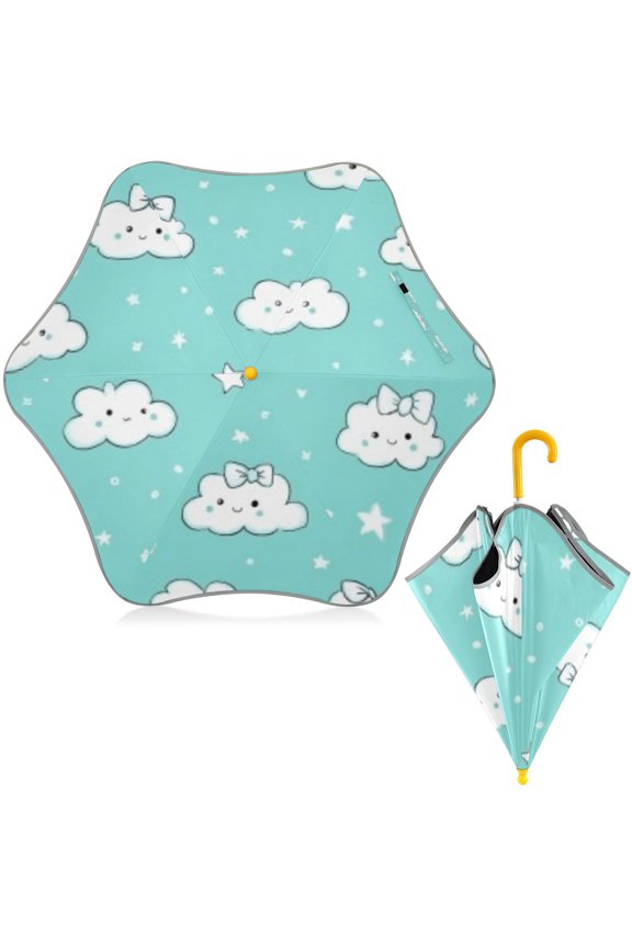 BZSMCE Folding Umbrellas Rain & UV Protection Windproof In Pale Blue Star Clouds Pattern
