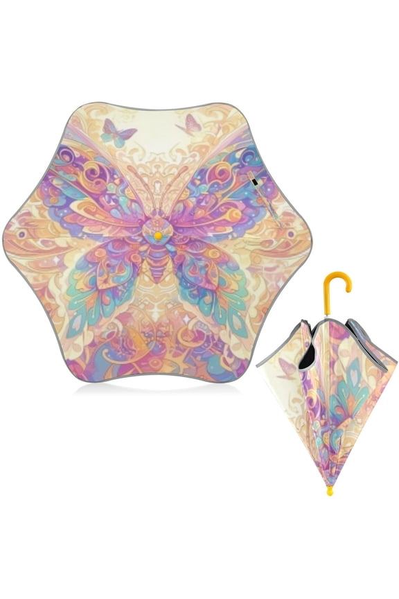 BZSMCE Folding Umbrellas Rain & UV Protection Windproof In Pastel Iridescent Butterfly Pattern