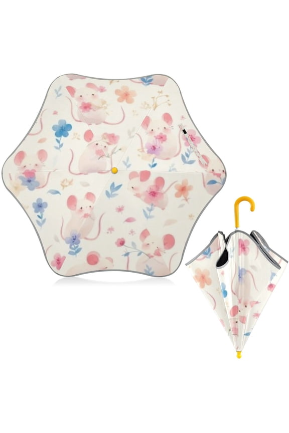 BZSMCE Folding Umbrellas Rain & UV Protection Windproof In Pink Mouse Pattern