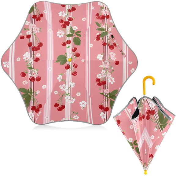 BZSMCE Folding Umbrellas Rain & UV Protection Windproof In Pink-stripe Berry Leaf Pattern