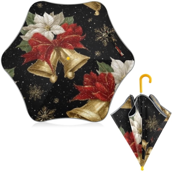 BZSMCE Folding Umbrellas Rain & UV Protection Windproof In Poinsettia Gold Bell Pattern