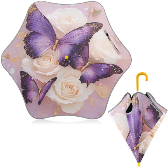 BZSMCE Folding Umbrellas Rain & UV Protection Windproof In Purple Butterflies Pattern