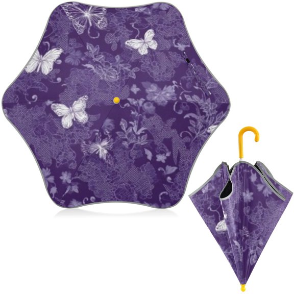 BZSMCE Folding Umbrellas Rain & UV Protection Windproof In Purple Butterfly Cottage Pattern
