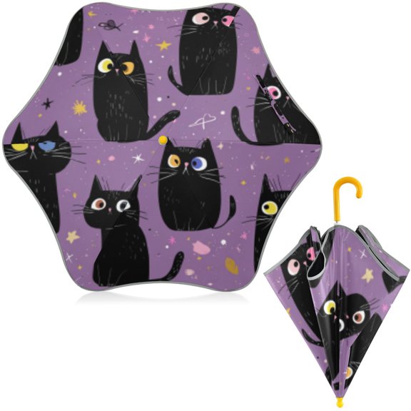 BZSMCE Folding Umbrellas Rain & UV Protection Windproof In Purple Feline Stare Down Pattern