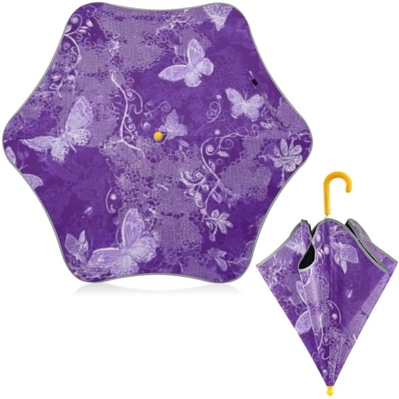 BZSMCE Folding Umbrellas Rain & UV Protection Windproof In Purple Lace Butterfly Botanical Pattern
