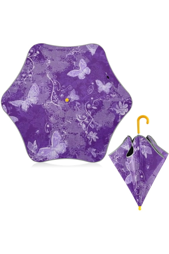 BZSMCE Folding Umbrellas Rain & UV Protection Windproof In Purple Lace Butterfly Botanical Pattern