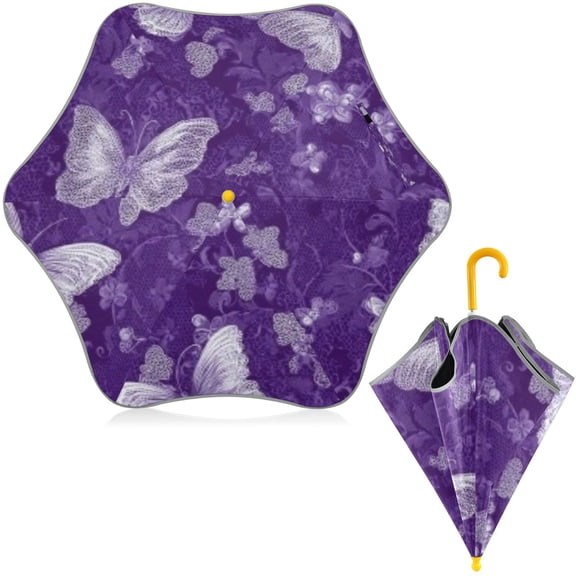 BZSMCE Folding Umbrellas Rain & UV Protection Windproof In Purple Lace Butterfly Pattern