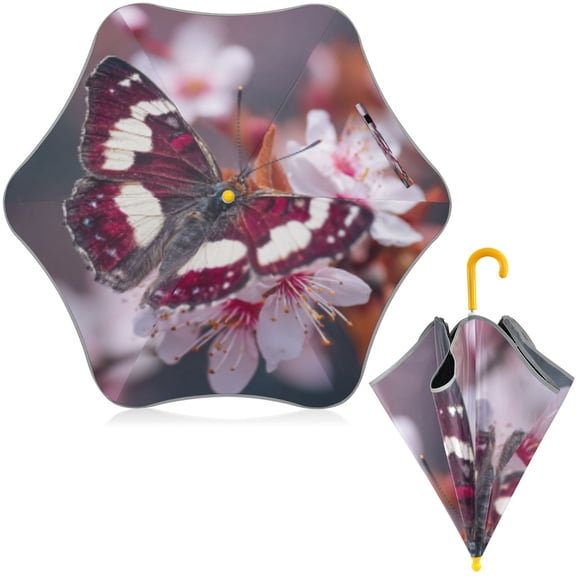 BZSMCE Folding Umbrellas Rain & UV Protection Windproof In Purple-white Butterfly on Blossoms Pattern