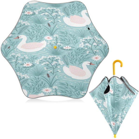 BZSMCE Folding Umbrellas Rain & UV Protection Windproof In Sky Blue Swan Serenity Pattern