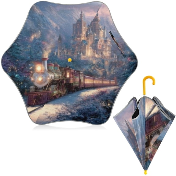BZSMCE Folding Umbrellas Rain & UV Protection Windproof In Snowy Castle Train Pattern