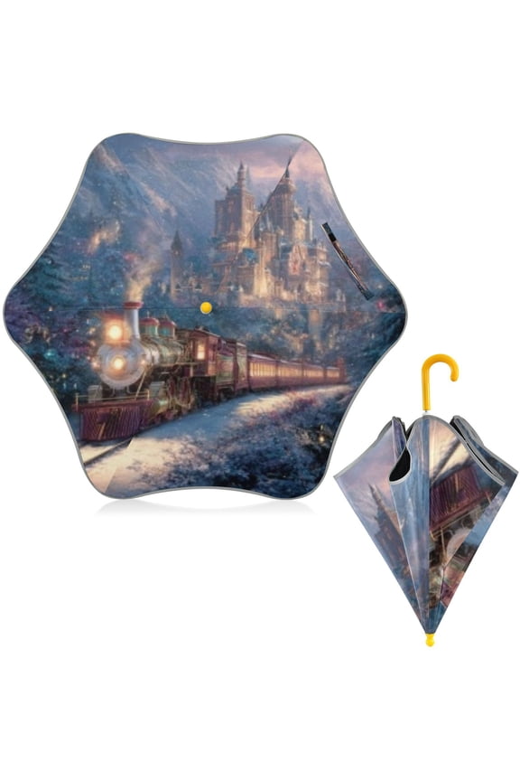 BZSMCE Folding Umbrellas Rain & UV Protection Windproof In Snowy Castle Train Pattern