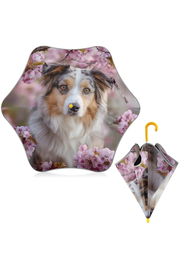 BZSMCE Folding Umbrellas Rain & UV Protection Windproof In Soft Cherry Blossom Collie Pattern
