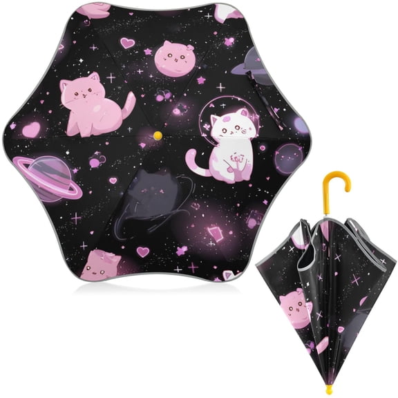BZSMCE Folding Umbrellas Rain & UV Protection Windproof In Space Kitties Pattern