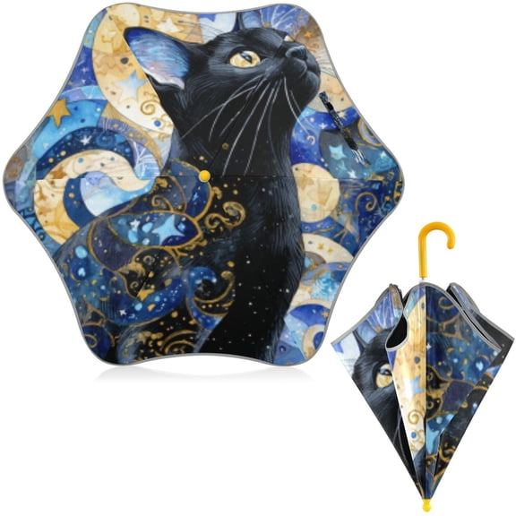 BZSMCE Folding Umbrellas Rain & UV Protection Windproof In Starry-eyed Feline in A Cosmic Mosaic Pattern