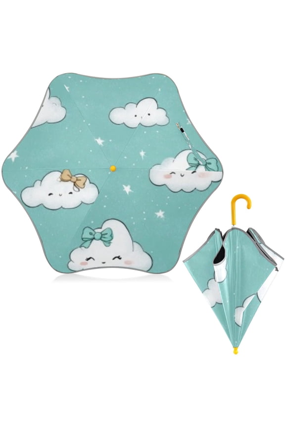 BZSMCE Folding Umbrellas Rain & UV Protection Windproof In Teal Bow Clouds Stars Pattern