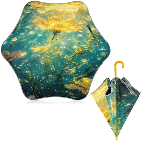 BZSMCE Folding Umbrellas Rain & UV Protection Windproof In Underwater Golden Bloom Pattern