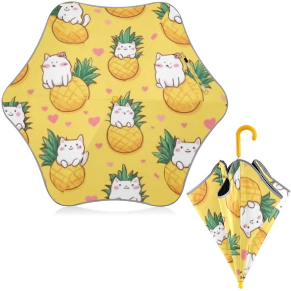 BZSMCE Folding Umbrellas Rain & UV Protection Windproof In White Cat Pineapple Pattern