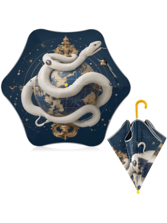 BZSMCE Folding Umbrellas Rain & UV Protection Windproof In White Snake & Starry Globe Pattern