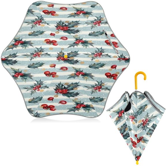BZSMCE Folding Umbrellas Rain & UV Protection Windproof In Winter Holly Berry Weave Pattern