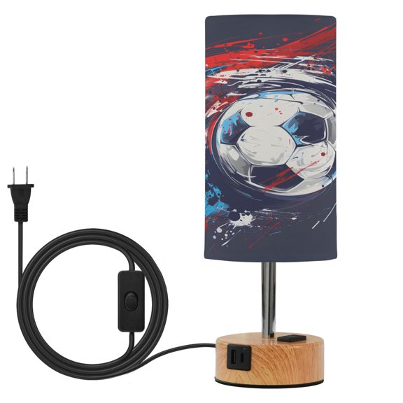 BZSMCE Football Watercolor Paint Collision Printed 3 Color Touch Control Table Lamp Linen Shade LED Nightstand Lamp with Wood Grain BaseUS Standard Power Cord