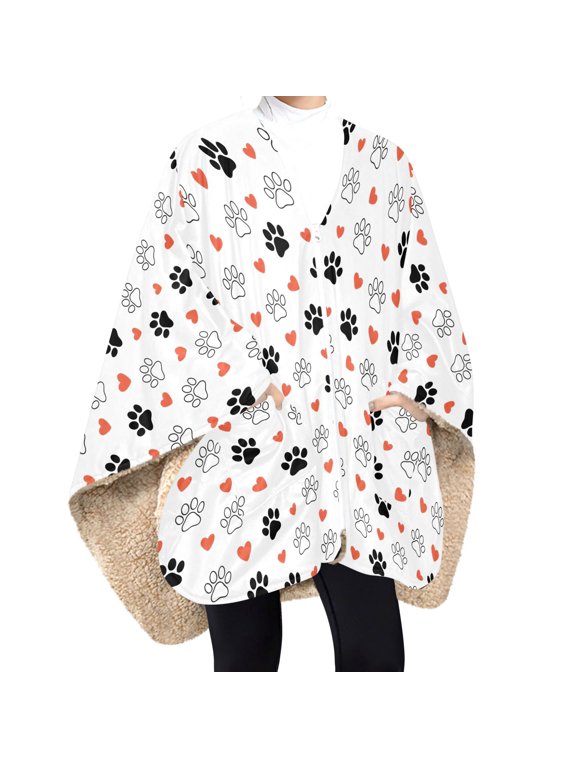 BZSMCE Footprints Love Print Wearable Blanket Poncho DoubleLayer Fleece Sherpa Wrap Blanket With Zipper & Pockets Cozy Sleeveless Warm Throw Blanket