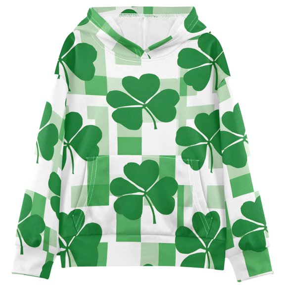 BZSMCE Four Leaf Clover Print Hoodie Casual Pullover Sweatshirt With Kangaroo Pocket