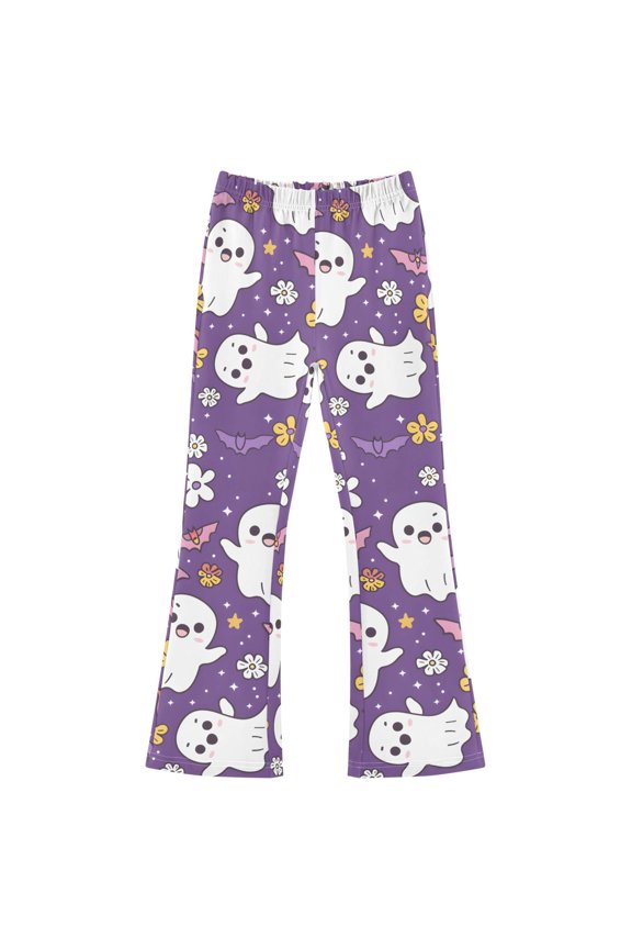 BZSMCE Ghost Bat Flower Pattern Print Flared Pants High‑Stretch Elastic Waist Bell‑Bottom Active Lounge Trousers Multi‑Size Pull‑On Casual Bottoms