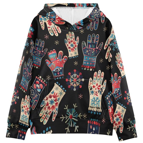 BZSMCE Gloves Ethnic Winter Pattern Print Hoodie Casual Pullover Sweatshirt With Kangaroo Pocket