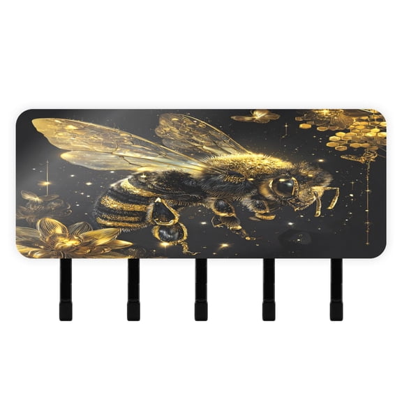 BZSMCE Golden Honey Bee Print Mount Hook Rack 5Hook Acrylic ReversePrint Wall Hanger With Hidden Storage Compartment