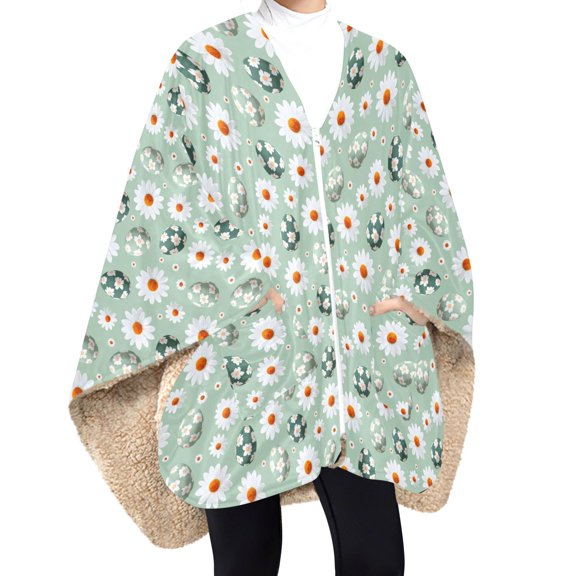 BZSMCE Green chrysanthemum egg pattern Print Wearable Blanket Poncho DoubleLayer Fleece Sherpa Wrap Blanket With Zipper & Pockets Cozy Sleeveless Warm Throw Blanket