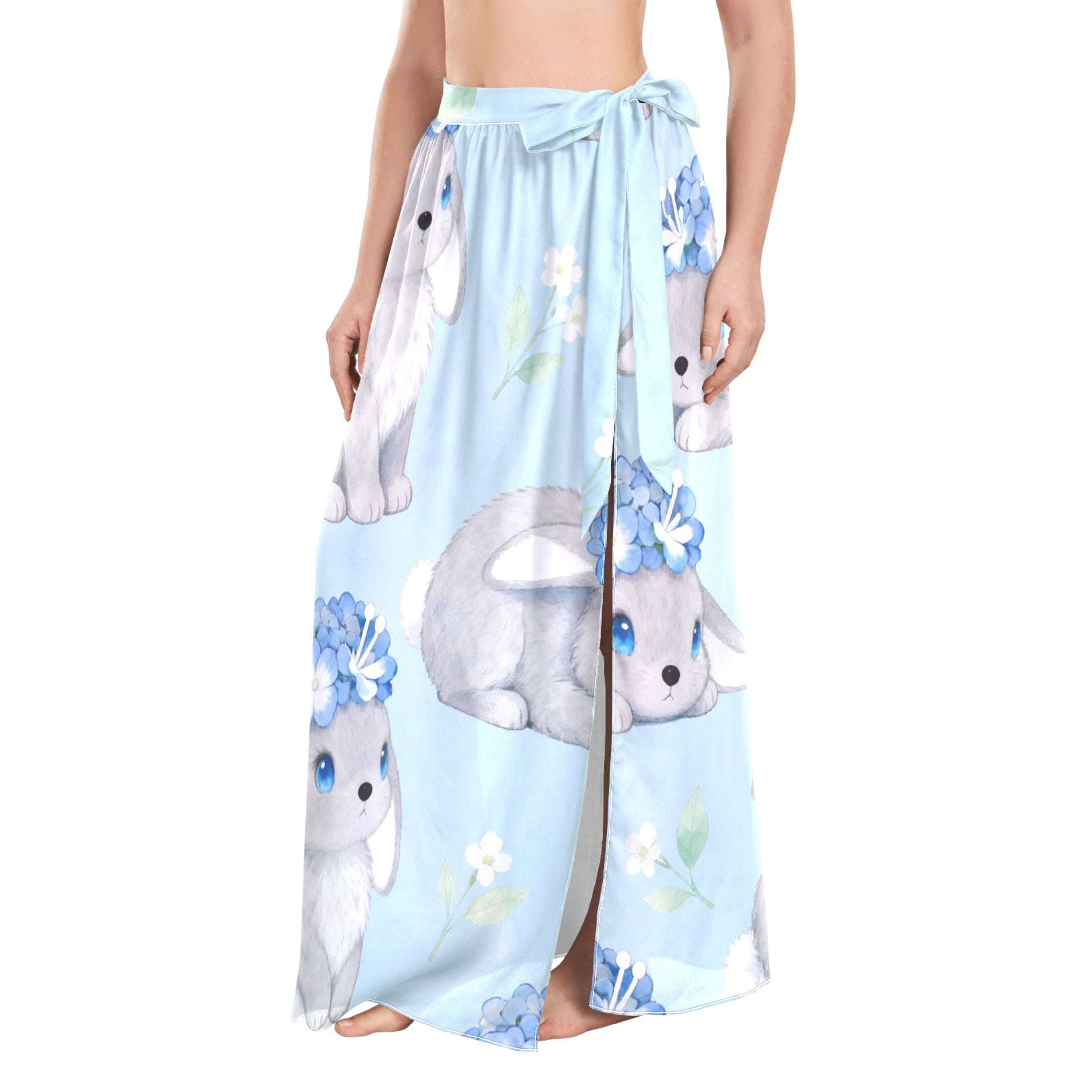 BZSMCE Grey Rabbit Flower Pattern Maxi Cover-Up Skirt, Lightweight ...