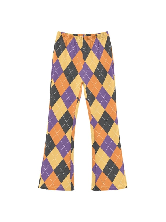 BZSMCE Halloween Argyle Print Flared Pants High‑Stretch Elastic Waist Bell‑Bottom Active Lounge Trousers Multi‑Size Pull‑On Casual Bottoms