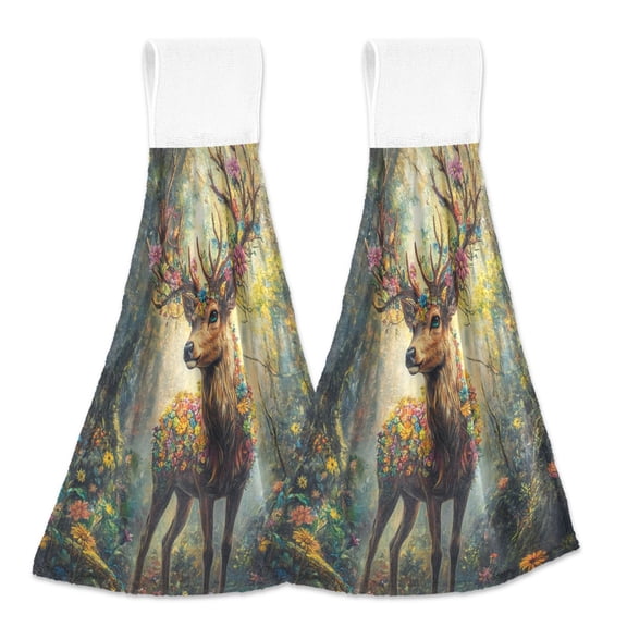 BZSMCE Hanging Hand Towels Fashion Blooming Antlers Of Nature Pattern 2-Pack - Velcro Style Bathroom Kitchen Towels