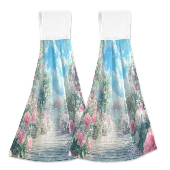 BZSMCE Hanging Hand Towels Fashion Blooming Pink Rose Pattern 2-Pack - Velcro Style Bathroom Kitchen Towels