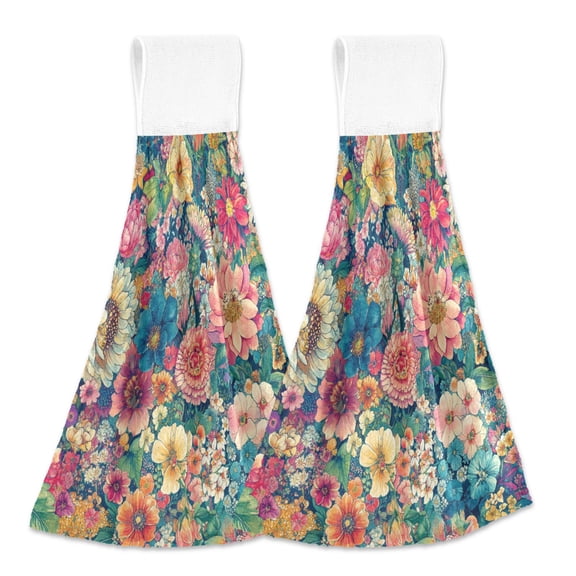 BZSMCE Hanging Hand Towels Fashion Blooming Tapestry Pattern 2-Pack - Velcro Style Bathroom Kitchen Towels