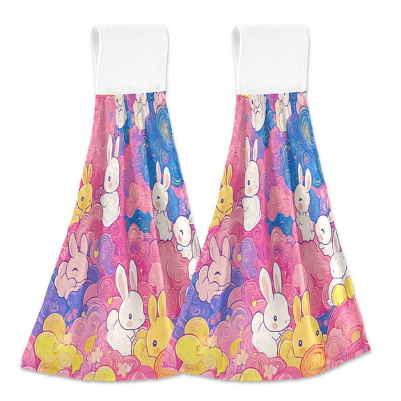 BZSMCE Hanging Hand Towels Fashion Bunny Cloud Dreams Pattern 2-Pack - Velcro Style Bathroom Kitchen Towels