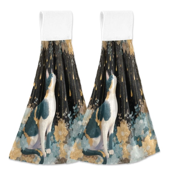 BZSMCE Hanging Hand Towels Fashion Cat under Golden Drips Pattern 2-Pack - Velcro Style Bathroom Kitchen Towels
