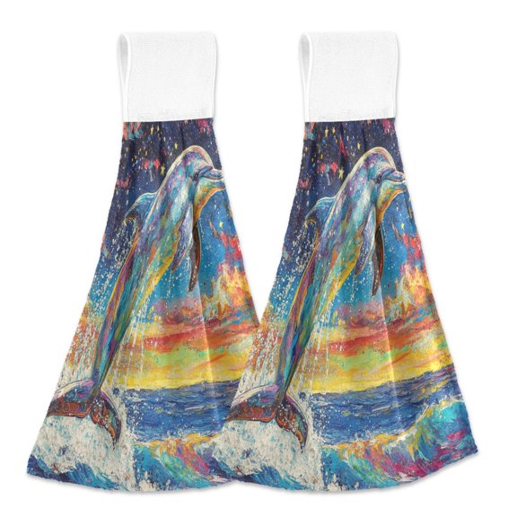 BZSMCE Hanging Hand Towels Fashion Celestial Dolphin Dance Pattern 2-Pack - Velcro Style Bathroom Kitchen Towels