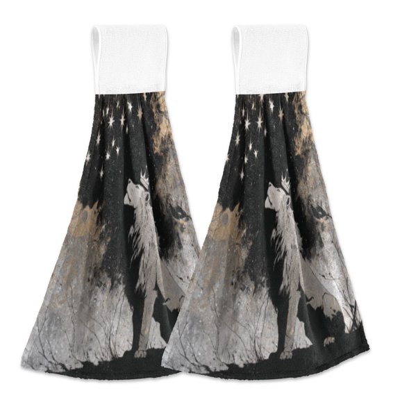 BZSMCE Hanging Hand Towels Fashion Celestial Wolf under Starry Sky Pattern 2-Pack - Velcro Style Bathroom Kitchen Towels