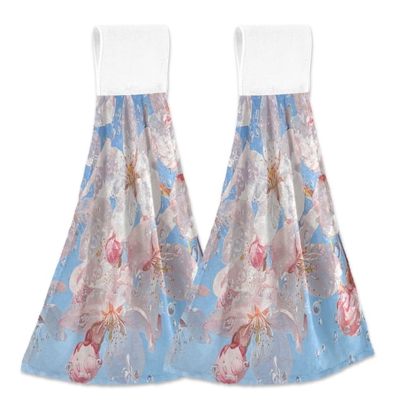BZSMCE Hanging Hand Towels Fashion Cherry Blossoms Rain Pattern 2-Pack - Velcro Style Bathroom Kitchen Towels