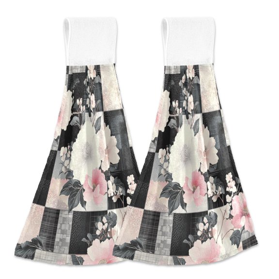 BZSMCE Hanging Hand Towels Fashion Chic Floral Patchwork Pattern 2-Pack - Velcro Style Bathroom Kitchen Towels