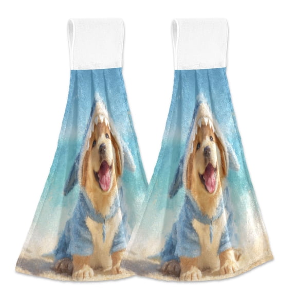 BZSMCE Hanging Hand Towels Fashion Coastal Shark Pup Pattern 2-Pack - Velcro Style Bathroom Kitchen Towels