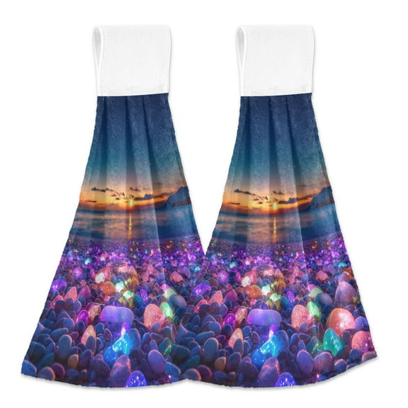 BZSMCE Hanging Hand Towels Fashion Colorful Beach with Glowing Pebbles Pattern 2-Pack - Velcro Style Bathroom Kitchen Towels