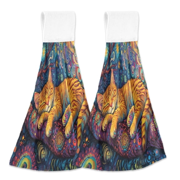 BZSMCE Hanging Hand Towels Fashion Colorful Cat Sleeping on Branch Pattern 2-Pack - Velcro Style Bathroom Kitchen Towels